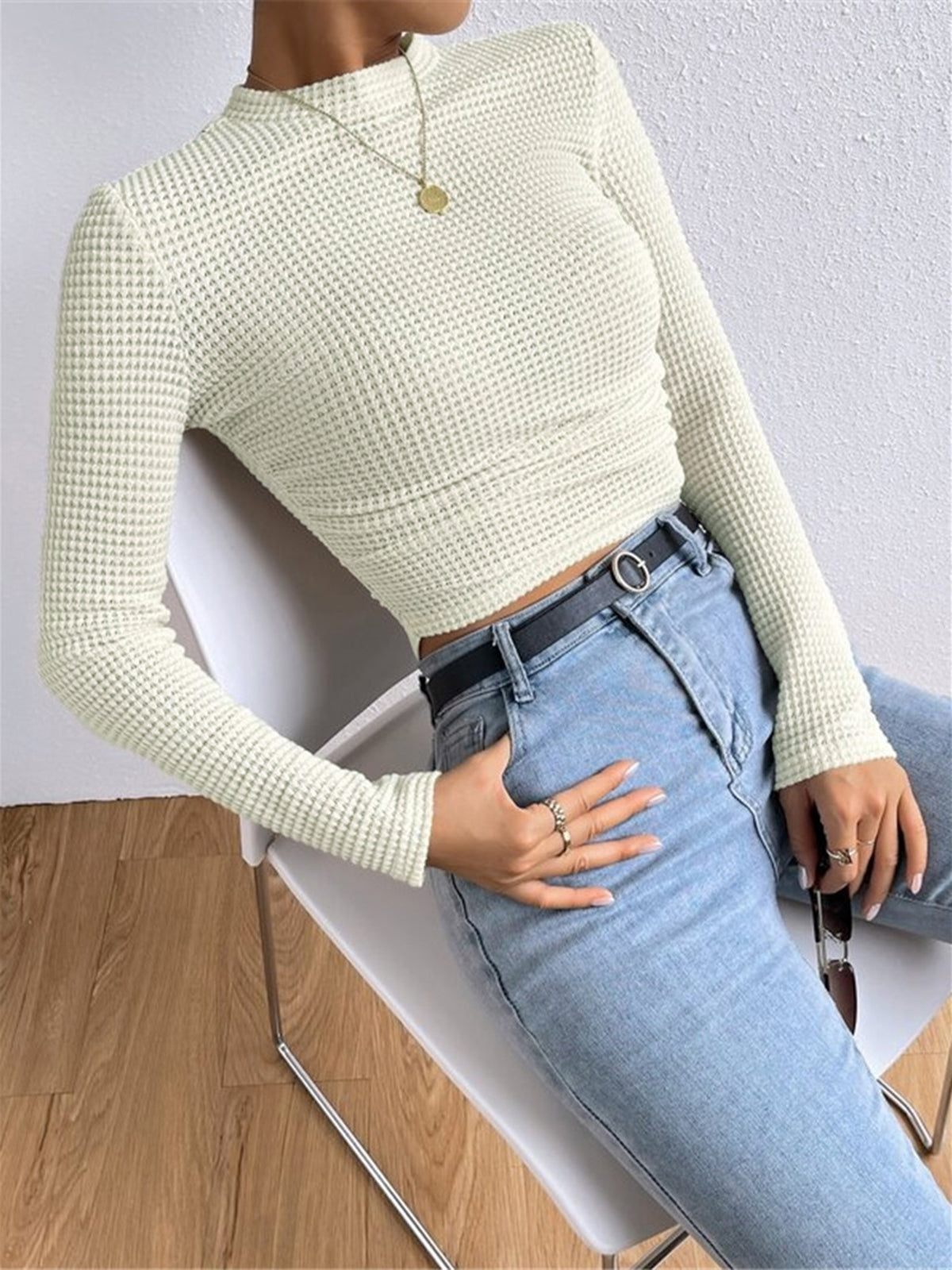 Sage | Women's Fitted Waffle Knit Long Sleeve Top